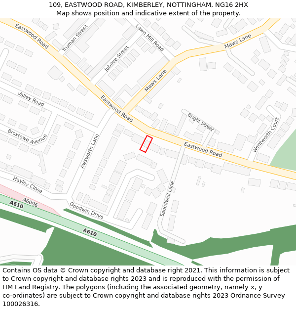 109, EASTWOOD ROAD, KIMBERLEY, NOTTINGHAM, NG16 2HX: Location map and indicative extent of plot