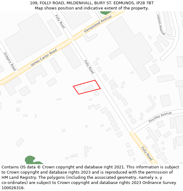 109, FOLLY ROAD, MILDENHALL, BURY ST. EDMUNDS, IP28 7BT: Location map and indicative extent of plot
