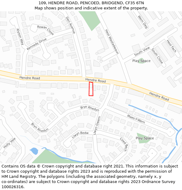 109, HENDRE ROAD, PENCOED, BRIDGEND, CF35 6TN: Location map and indicative extent of plot