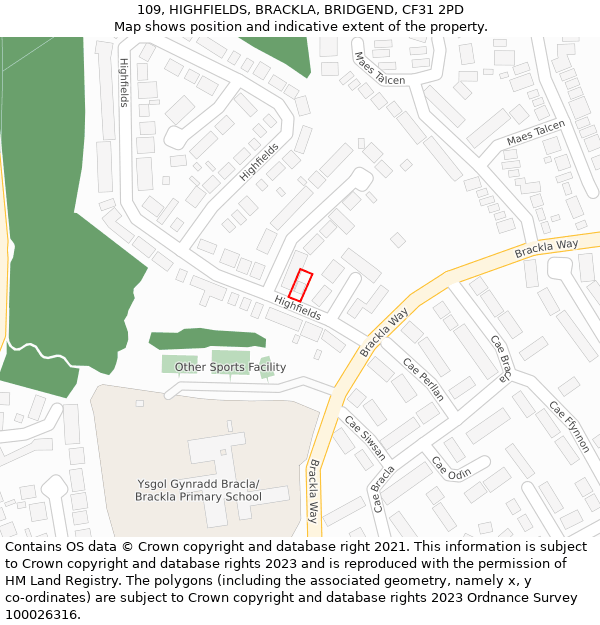 109, HIGHFIELDS, BRACKLA, BRIDGEND, CF31 2PD: Location map and indicative extent of plot