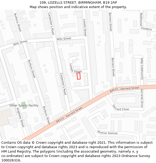 109, LOZELLS STREET, BIRMINGHAM, B19 2AP: Location map and indicative extent of plot