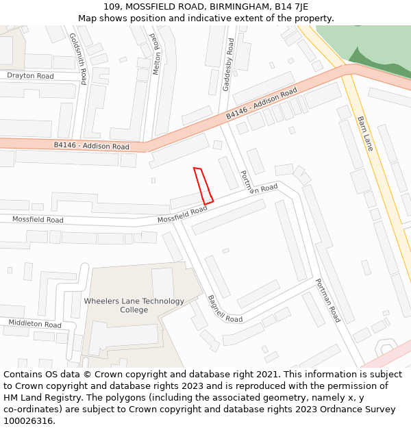 109, MOSSFIELD ROAD, BIRMINGHAM, B14 7JE: Location map and indicative extent of plot