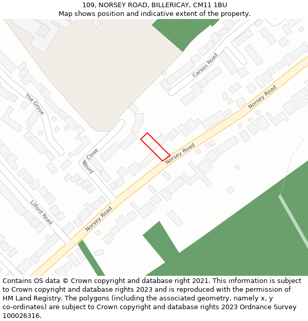 109, NORSEY ROAD, BILLERICAY, CM11 1BU: Location map and indicative extent of plot