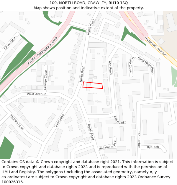 109, NORTH ROAD, CRAWLEY, RH10 1SQ: Location map and indicative extent of plot