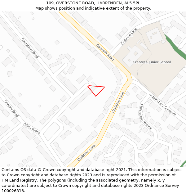 109, OVERSTONE ROAD, HARPENDEN, AL5 5PL: Location map and indicative extent of plot