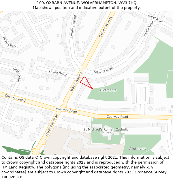 109, OXBARN AVENUE, WOLVERHAMPTON, WV3 7HQ: Location map and indicative extent of plot