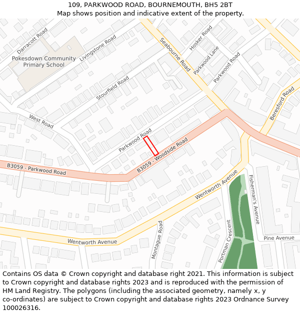 109, PARKWOOD ROAD, BOURNEMOUTH, BH5 2BT: Location map and indicative extent of plot