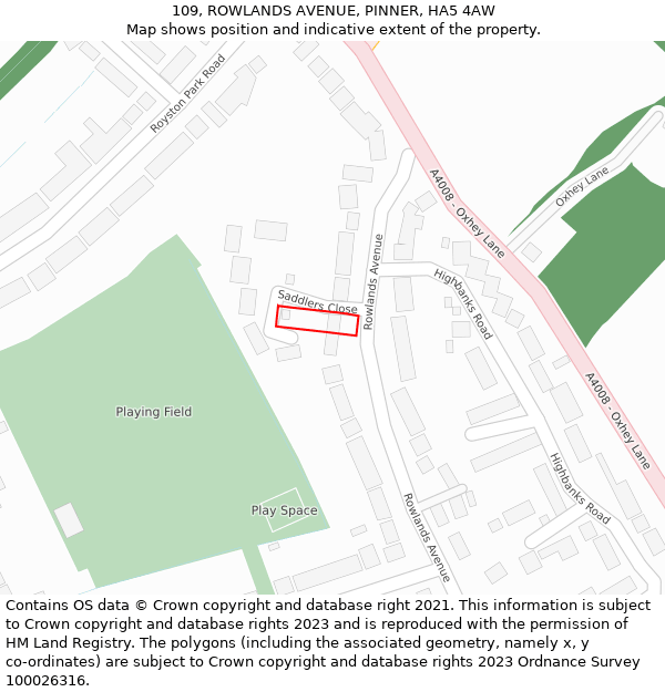 109, ROWLANDS AVENUE, PINNER, HA5 4AW: Location map and indicative extent of plot