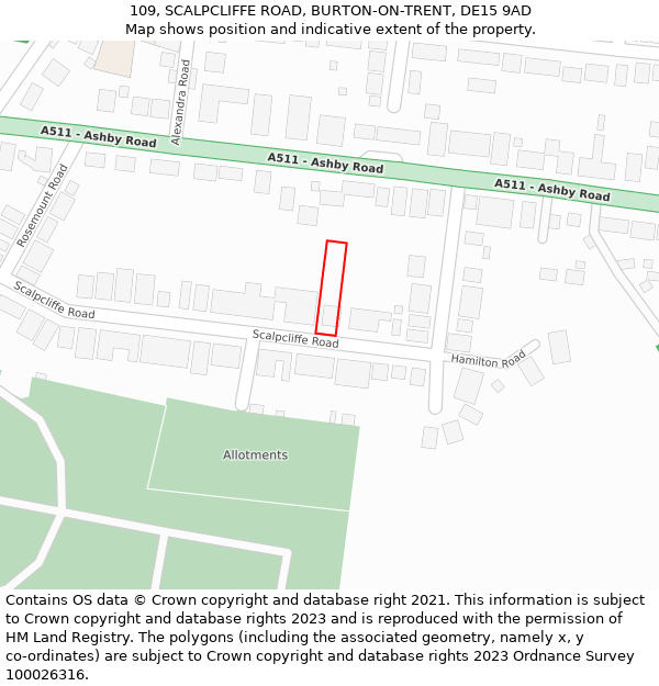 109, SCALPCLIFFE ROAD, BURTON-ON-TRENT, DE15 9AD: Location map and indicative extent of plot