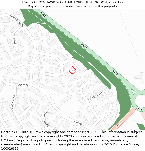 109, SPARROWHAWK WAY, HARTFORD, HUNTINGDON, PE29 1XY: Location map and indicative extent of plot