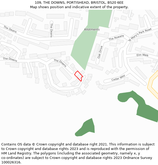 109, THE DOWNS, PORTISHEAD, BRISTOL, BS20 6EE: Location map and indicative extent of plot
