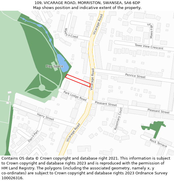 109, VICARAGE ROAD, MORRISTON, SWANSEA, SA6 6DP: Location map and indicative extent of plot