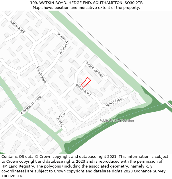 109, WATKIN ROAD, HEDGE END, SOUTHAMPTON, SO30 2TB: Location map and indicative extent of plot