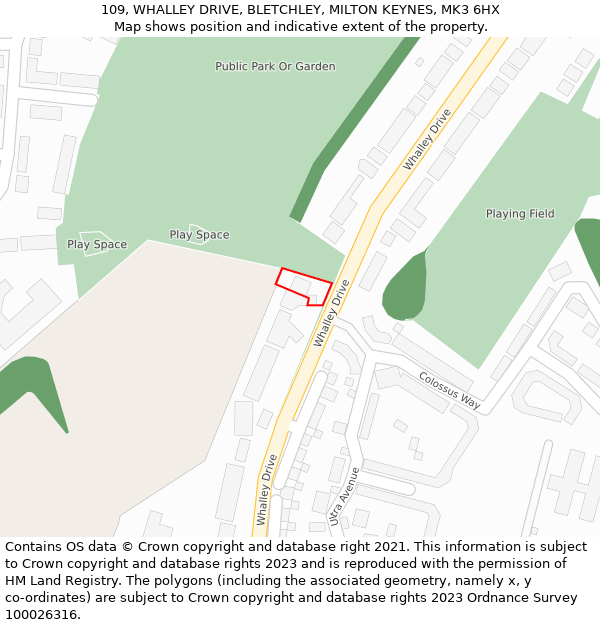 109, WHALLEY DRIVE, BLETCHLEY, MILTON KEYNES, MK3 6HX: Location map and indicative extent of plot