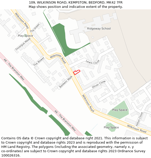 109, WILKINSON ROAD, KEMPSTON, BEDFORD, MK42 7FR: Location map and indicative extent of plot