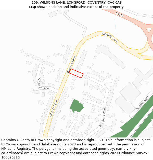 109, WILSONS LANE, LONGFORD, COVENTRY, CV6 6AB: Location map and indicative extent of plot