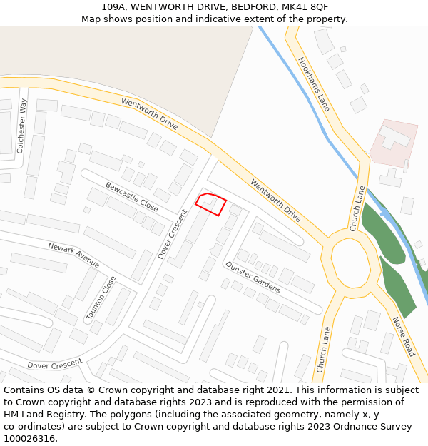 109A, WENTWORTH DRIVE, BEDFORD, MK41 8QF: Location map and indicative extent of plot