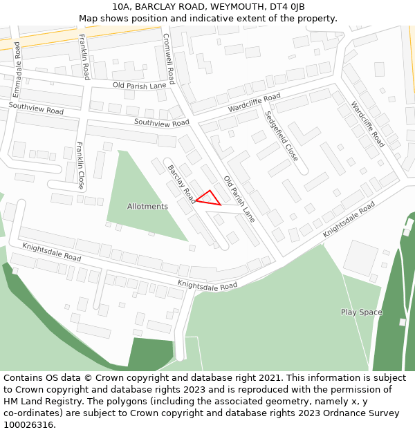 10A, BARCLAY ROAD, WEYMOUTH, DT4 0JB: Location map and indicative extent of plot