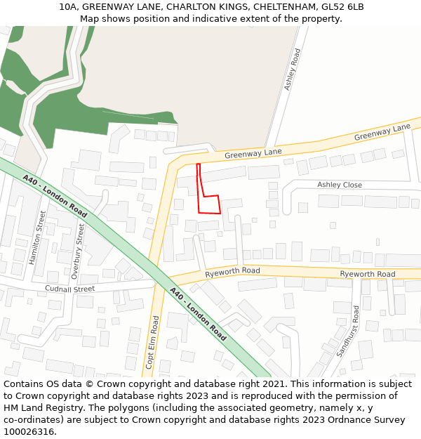 10A, GREENWAY LANE, CHARLTON KINGS, CHELTENHAM, GL52 6LB: Location map and indicative extent of plot