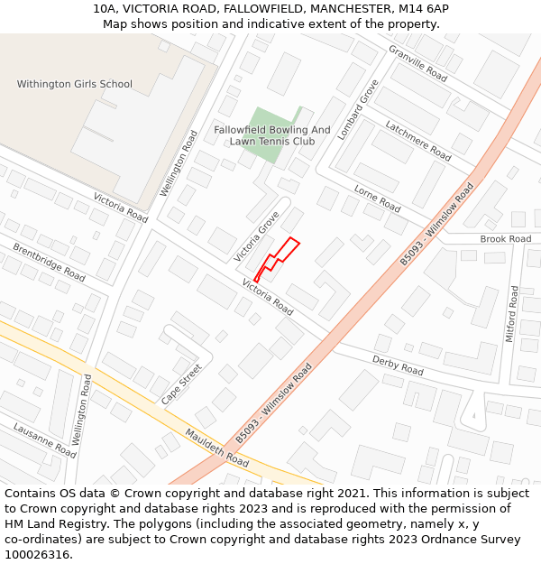 10A, VICTORIA ROAD, FALLOWFIELD, MANCHESTER, M14 6AP: Location map and indicative extent of plot