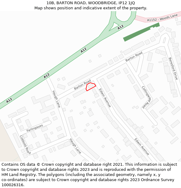 10B, BARTON ROAD, WOODBRIDGE, IP12 1JQ: Location map and indicative extent of plot