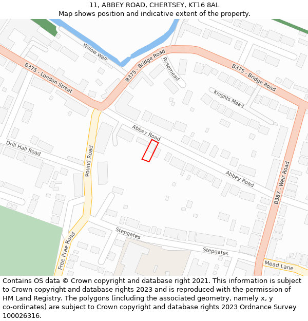 11, ABBEY ROAD, CHERTSEY, KT16 8AL: Location map and indicative extent of plot