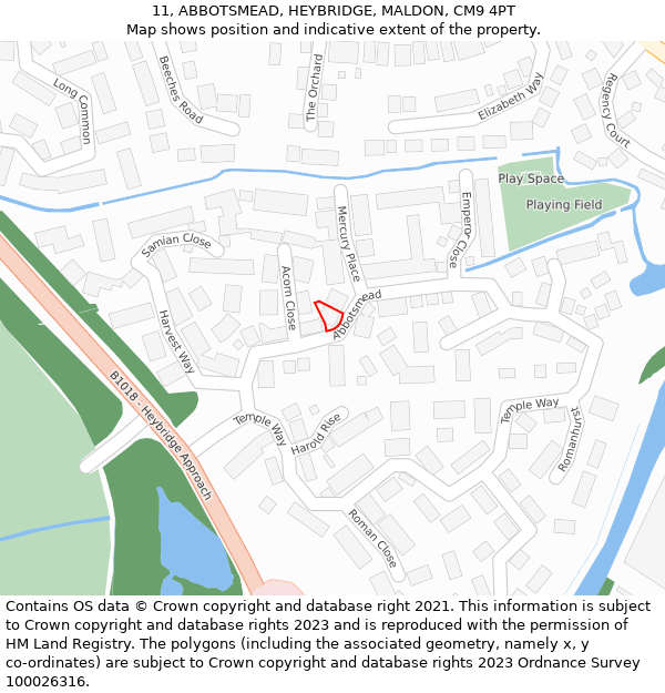 11, ABBOTSMEAD, HEYBRIDGE, MALDON, CM9 4PT: Location map and indicative extent of plot
