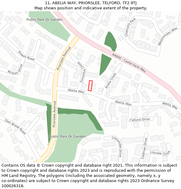 11, ABELIA WAY, PRIORSLEE, TELFORD, TF2 9TJ: Location map and indicative extent of plot