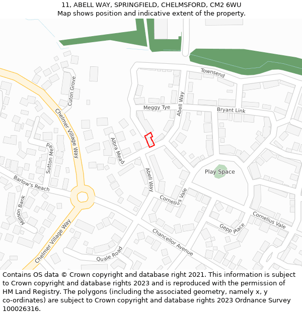 11, ABELL WAY, SPRINGFIELD, CHELMSFORD, CM2 6WU: Location map and indicative extent of plot