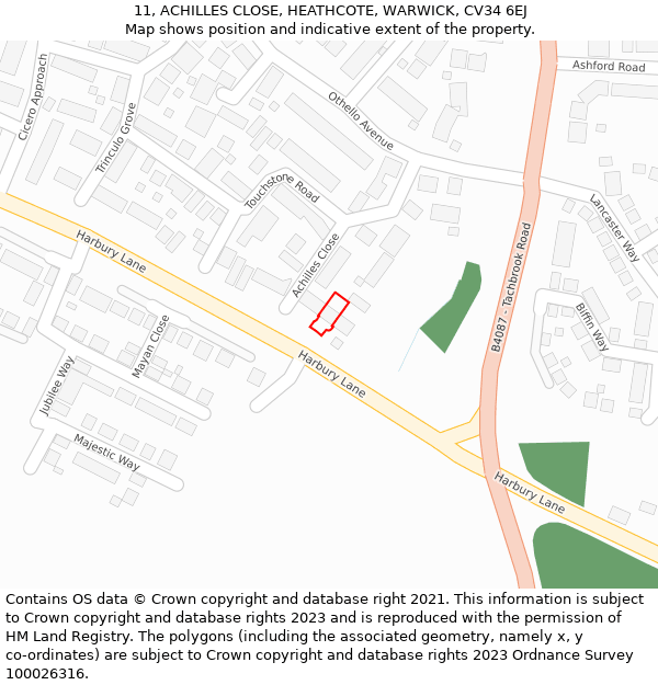 11, ACHILLES CLOSE, HEATHCOTE, WARWICK, CV34 6EJ: Location map and indicative extent of plot