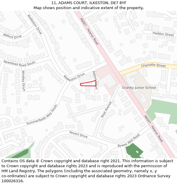 11, ADAMS COURT, ILKESTON, DE7 8YF: Location map and indicative extent of plot