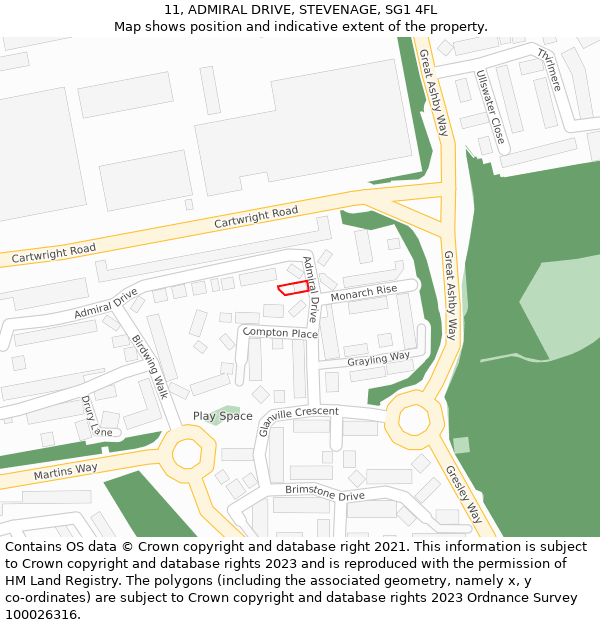 11, ADMIRAL DRIVE, STEVENAGE, SG1 4FL: Location map and indicative extent of plot