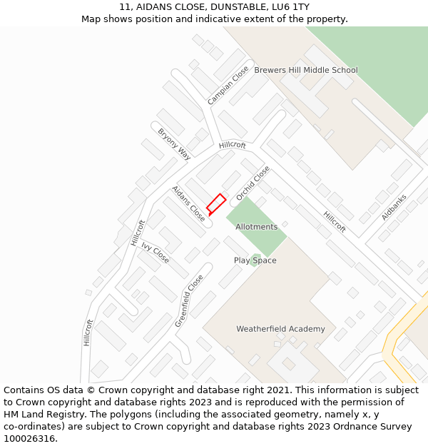 11, AIDANS CLOSE, DUNSTABLE, LU6 1TY: Location map and indicative extent of plot