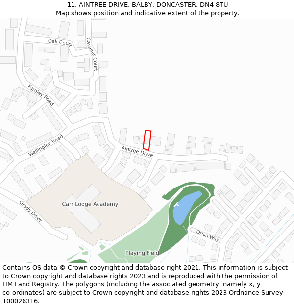 11, AINTREE DRIVE, BALBY, DONCASTER, DN4 8TU: Location map and indicative extent of plot