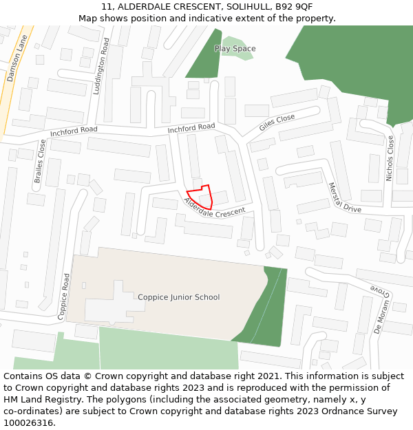 11, ALDERDALE CRESCENT, SOLIHULL, B92 9QF: Location map and indicative extent of plot