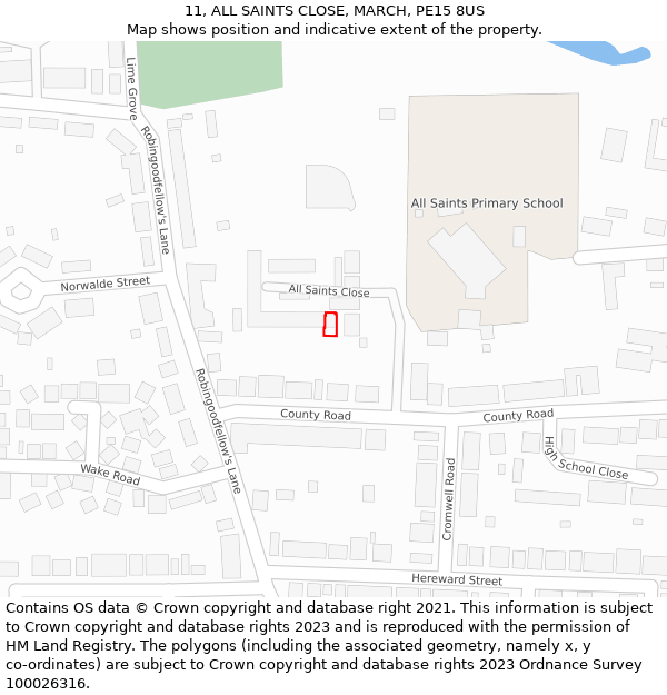 11, ALL SAINTS CLOSE, MARCH, PE15 8US: Location map and indicative extent of plot