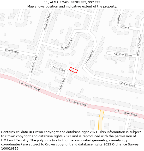 11, ALMA ROAD, BENFLEET, SS7 2EF: Location map and indicative extent of plot