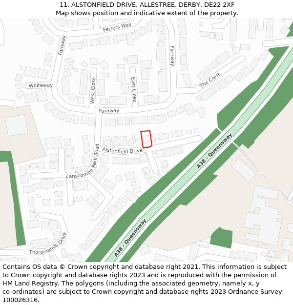 11, ALSTONFIELD DRIVE, ALLESTREE, DERBY, DE22 2XF: Location map and indicative extent of plot