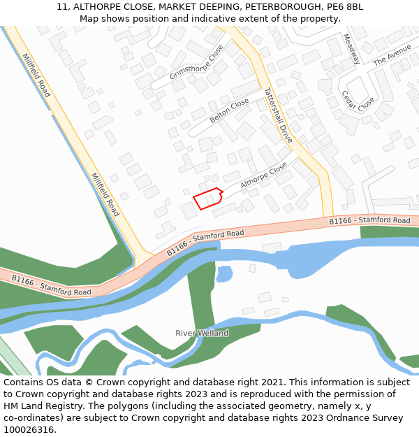 11, ALTHORPE CLOSE, MARKET DEEPING, PETERBOROUGH, PE6 8BL: Location map and indicative extent of plot