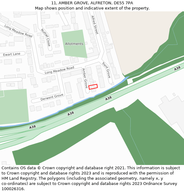 11, AMBER GROVE, ALFRETON, DE55 7PA: Location map and indicative extent of plot