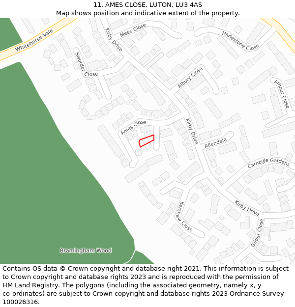 11, AMES CLOSE, LUTON, LU3 4AS: Location map and indicative extent of plot