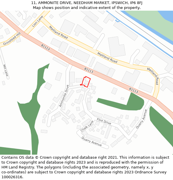 11, AMMONITE DRIVE, NEEDHAM MARKET, IPSWICH, IP6 8FJ: Location map and indicative extent of plot