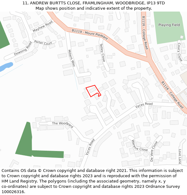 11, ANDREW BURTTS CLOSE, FRAMLINGHAM, WOODBRIDGE, IP13 9TD: Location map and indicative extent of plot