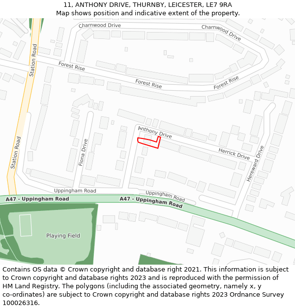 11, ANTHONY DRIVE, THURNBY, LEICESTER, LE7 9RA: Location map and indicative extent of plot