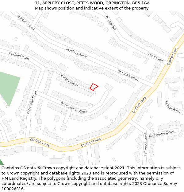 11, APPLEBY CLOSE, PETTS WOOD, ORPINGTON, BR5 1GA: Location map and indicative extent of plot