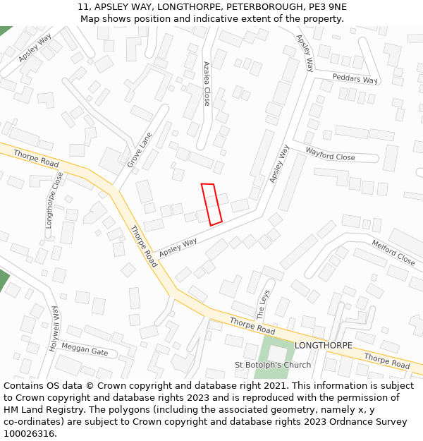 11, APSLEY WAY, LONGTHORPE, PETERBOROUGH, PE3 9NE: Location map and indicative extent of plot