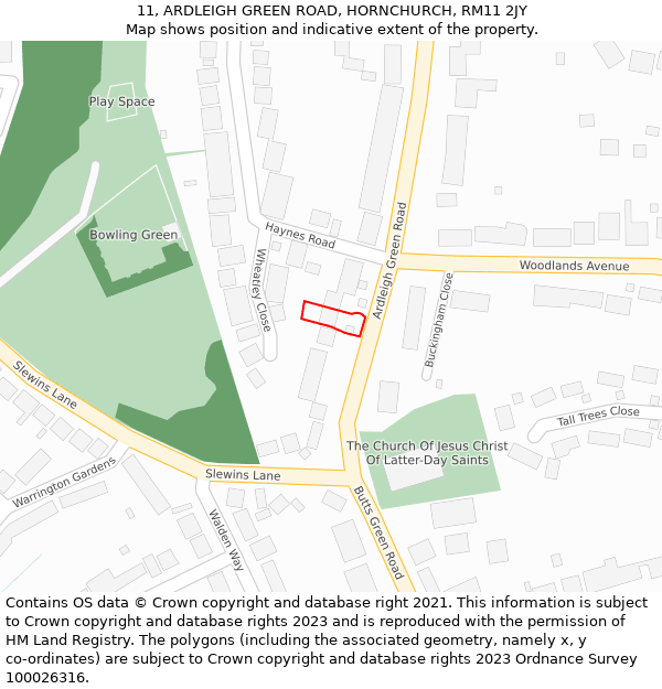 11, ARDLEIGH GREEN ROAD, HORNCHURCH, RM11 2JY: Location map and indicative extent of plot