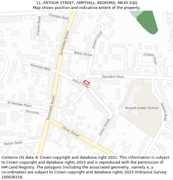 11, ARTHUR STREET, AMPTHILL, BEDFORD, MK45 2QQ: Location map and indicative extent of plot