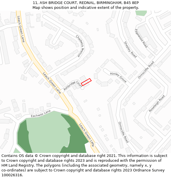 11, ASH BRIDGE COURT, REDNAL, BIRMINGHAM, B45 8EP: Location map and indicative extent of plot