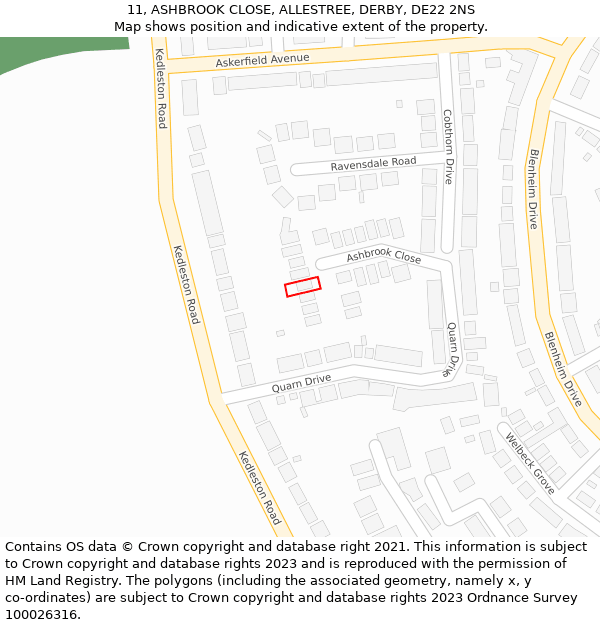 11, ASHBROOK CLOSE, ALLESTREE, DERBY, DE22 2NS: Location map and indicative extent of plot